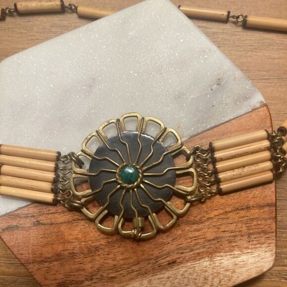 Vintage Turquoise Center Boho Flower Bamboo Choker Necklace - Picture 9 of 12